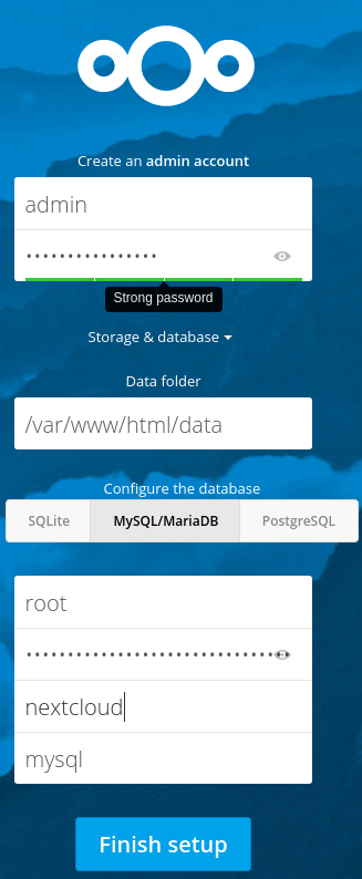 Nextcloud setup database